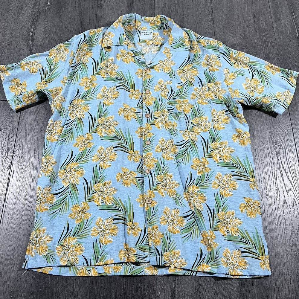 Rainforest Cafe Mens Hawaiian‎ Shirt Large Orchids Blue Cotton Vacation Islands